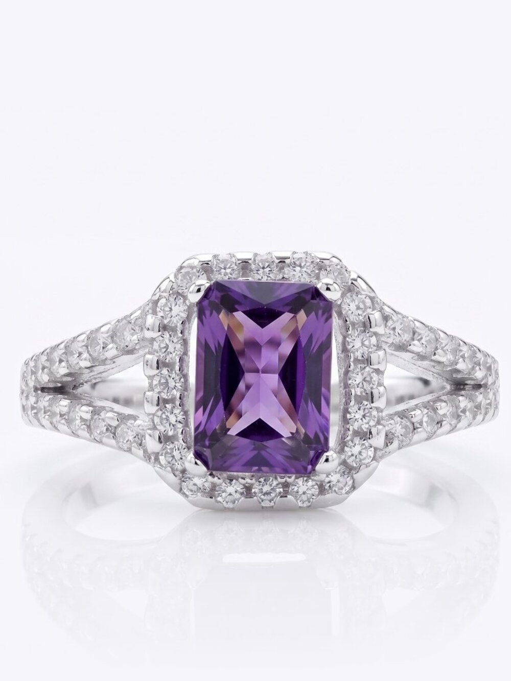 Purple Amethyst gemstone ring set, 925 Sterling Silver Emerald Cut with Halo